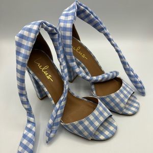 Covington Blue and White Gingham Ankle Strap Heels